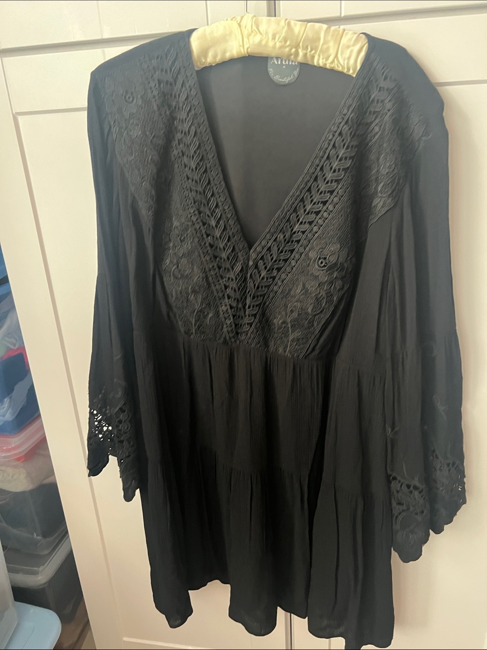 ARULA Black V-Neck Embroidered Lace-Accent Tunic Top